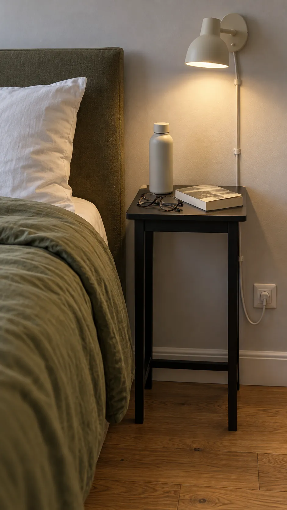 Narrow bedside table and shaded wall reading light beside a king mattress
