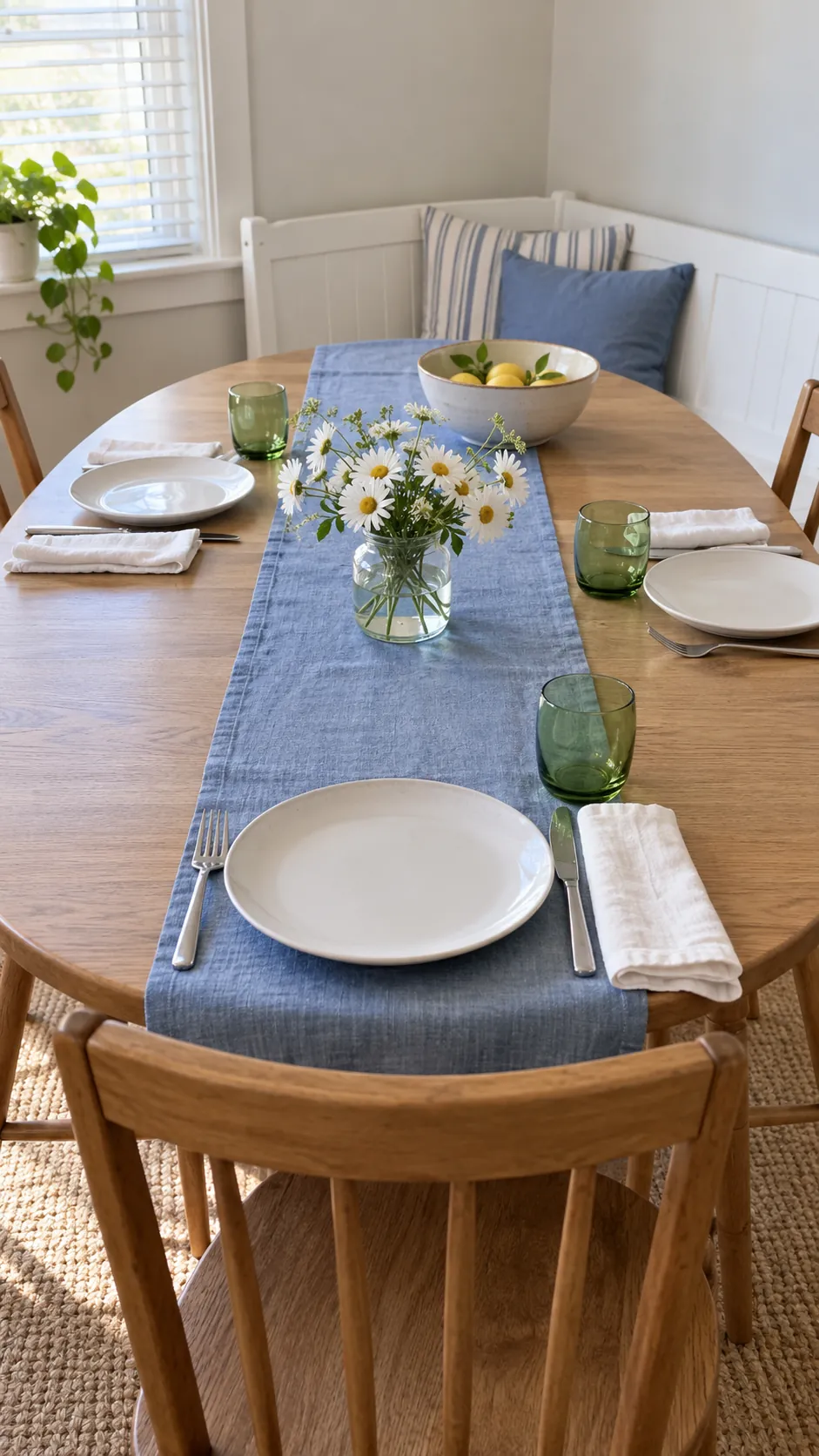 Green glassware with seasonal blue textiles