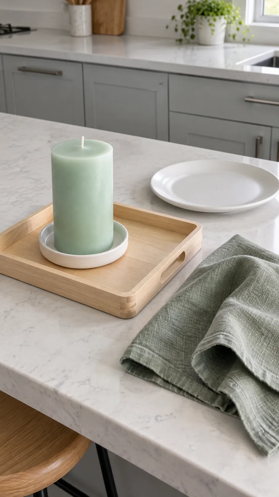 Mint candle beside sage linen and a white plate