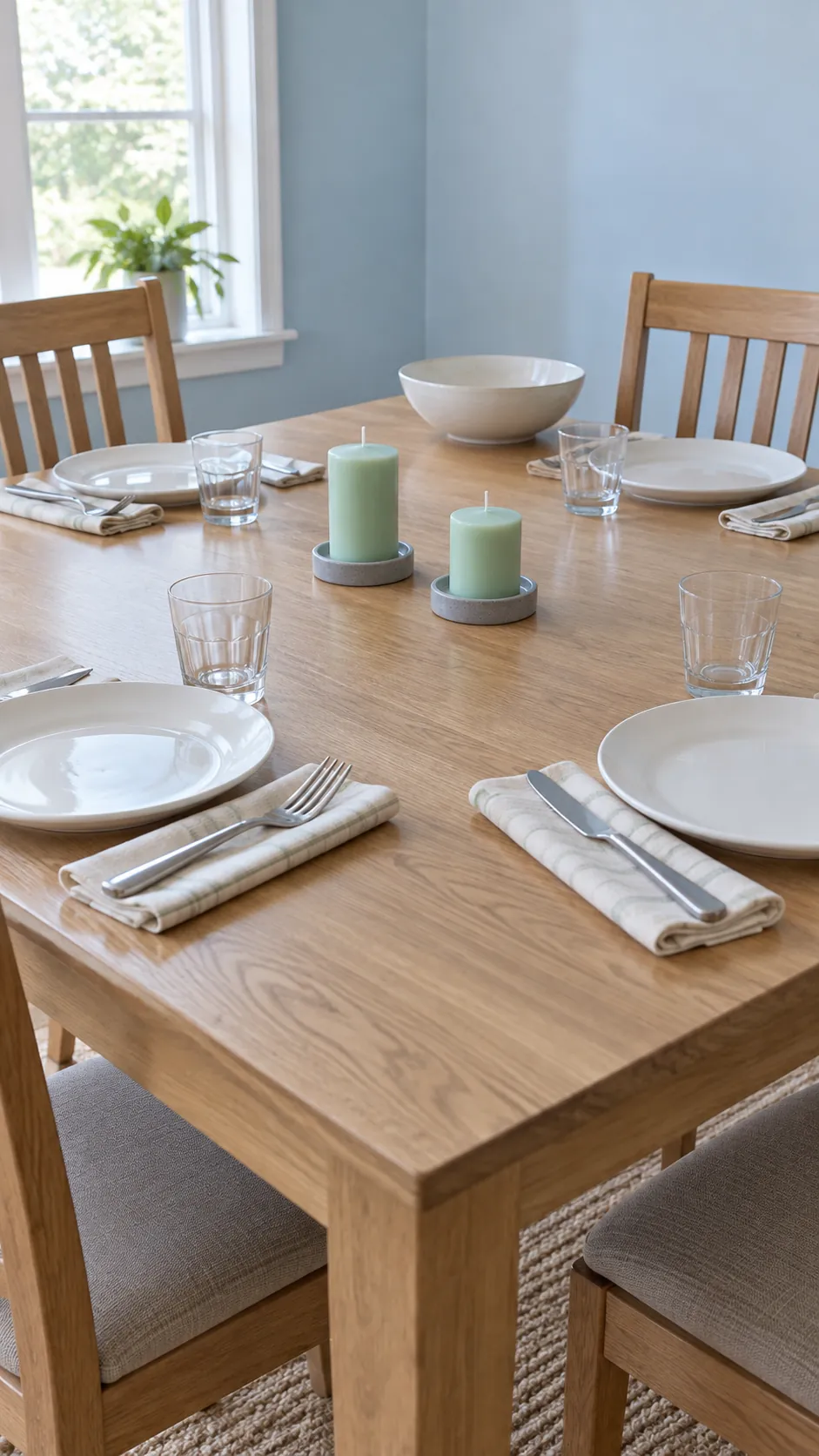 Short mint pillars on separate dining table holders