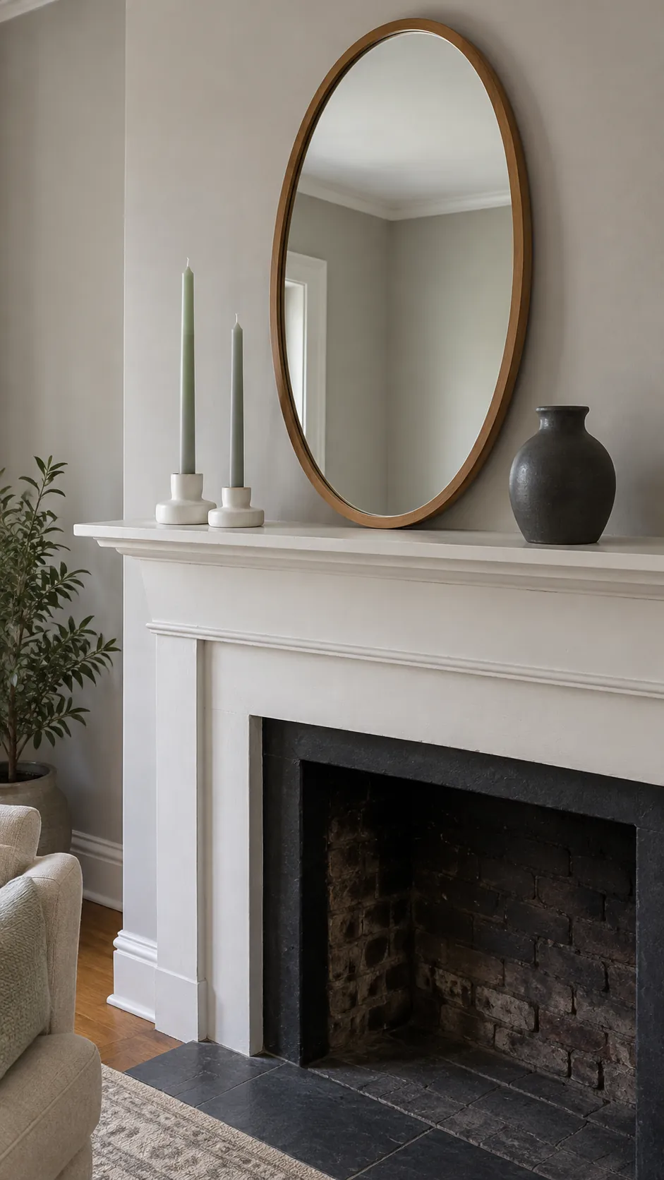 Unlit mint candles on a mantel beside an oval mirror