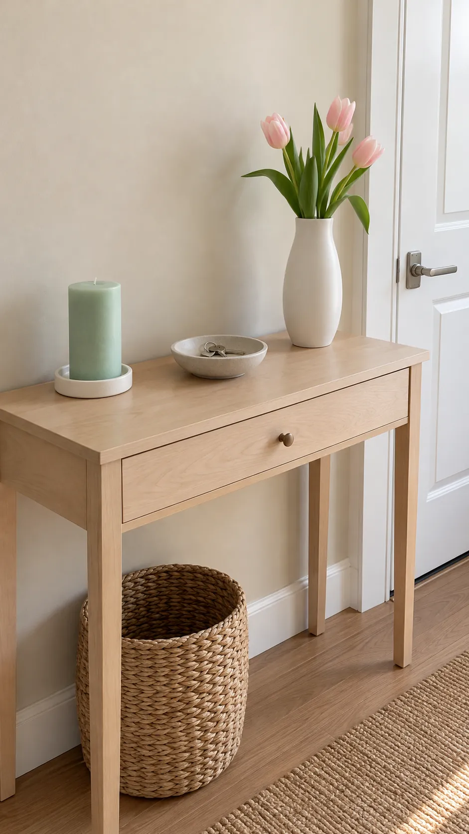 Mint pillar candle on a spring entry console
