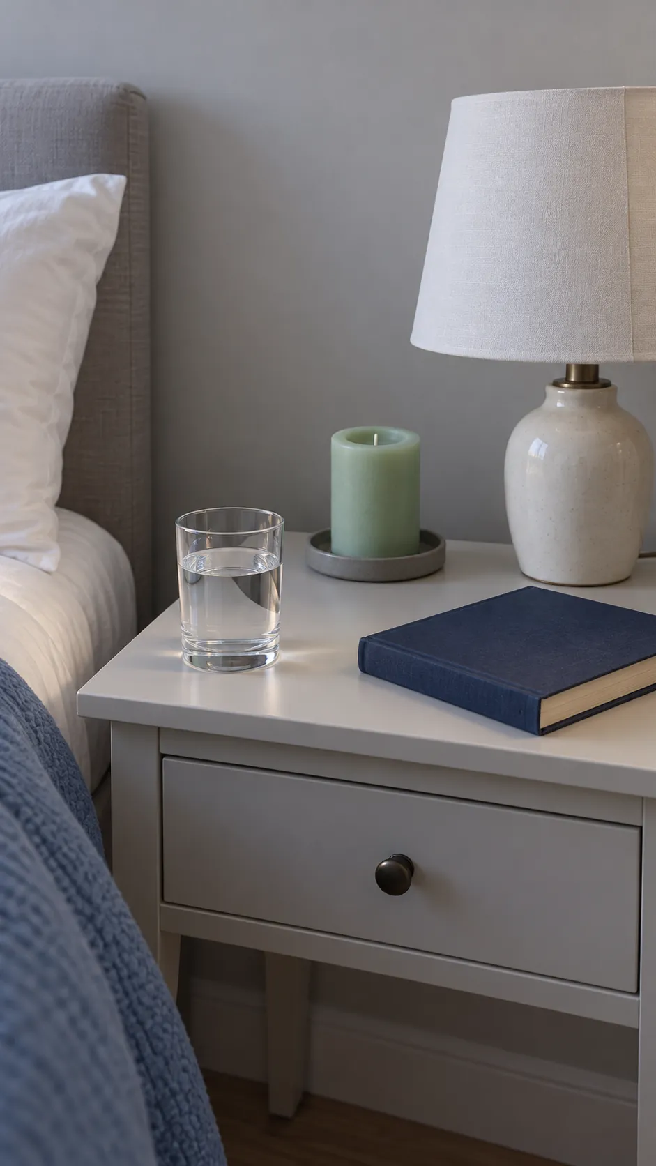 Flameless mint candle beside a bedside lamp