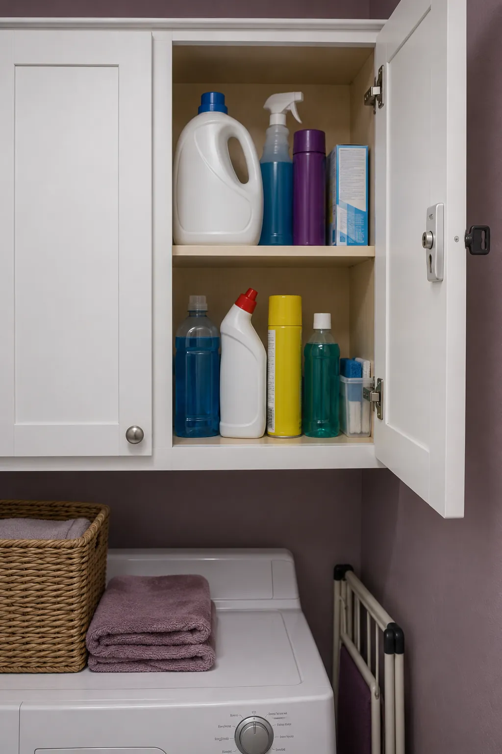 A cabinet for products that need restricted access in a compact laundry room