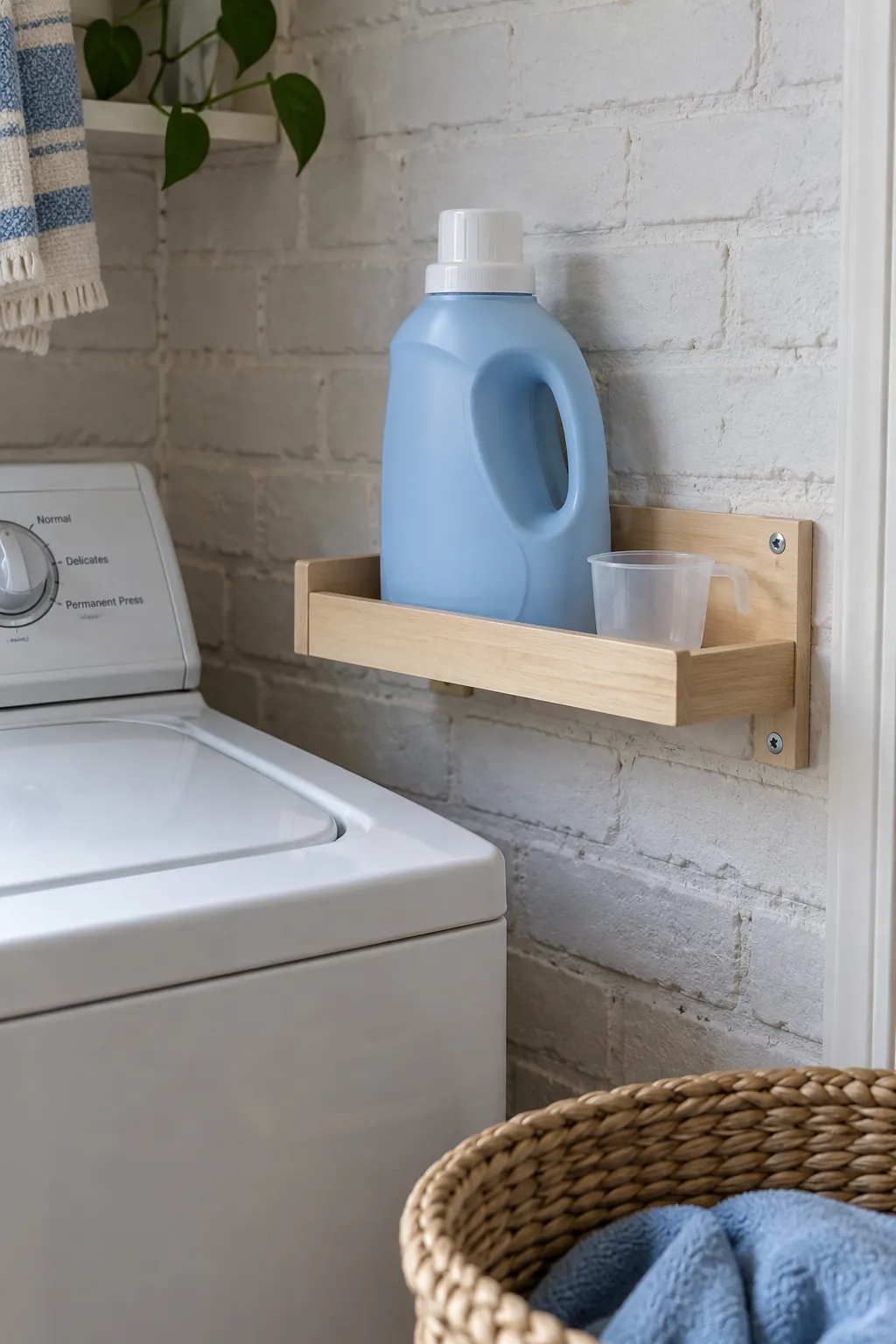 A shallow shelf beside the washer in a compact laundry room