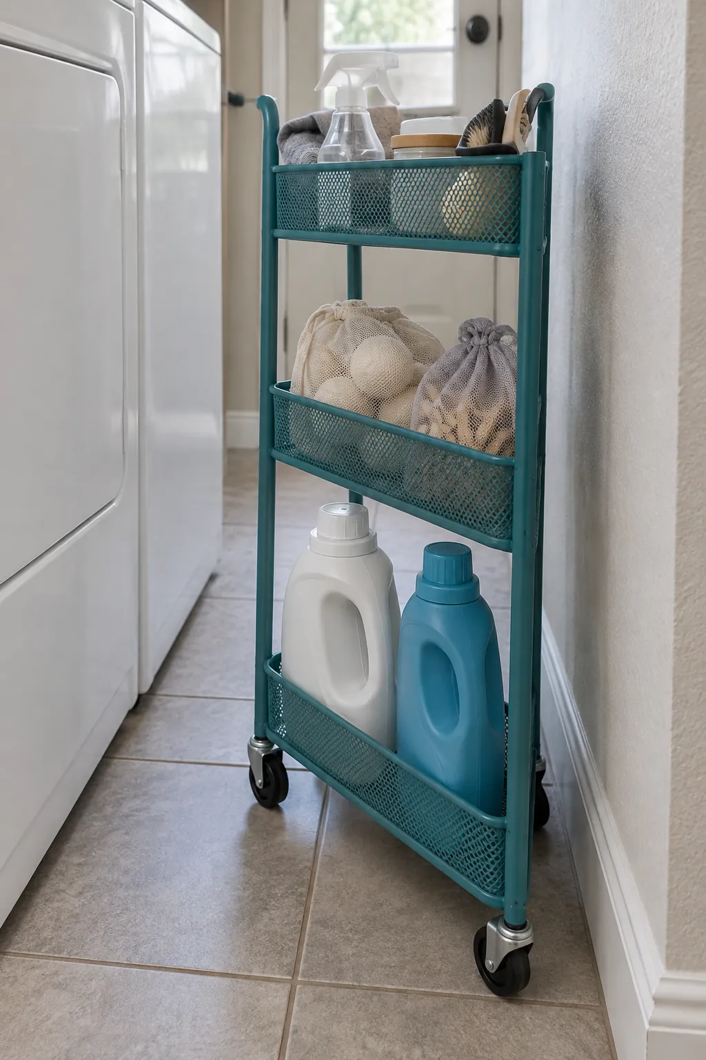 A slim rolling supply cart in a compact laundry room