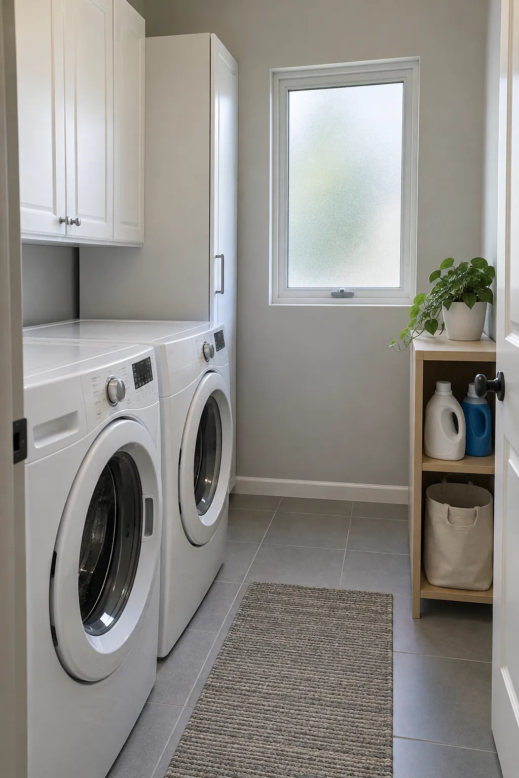 Compact laundry room with clear appliance tops and reachable side storage