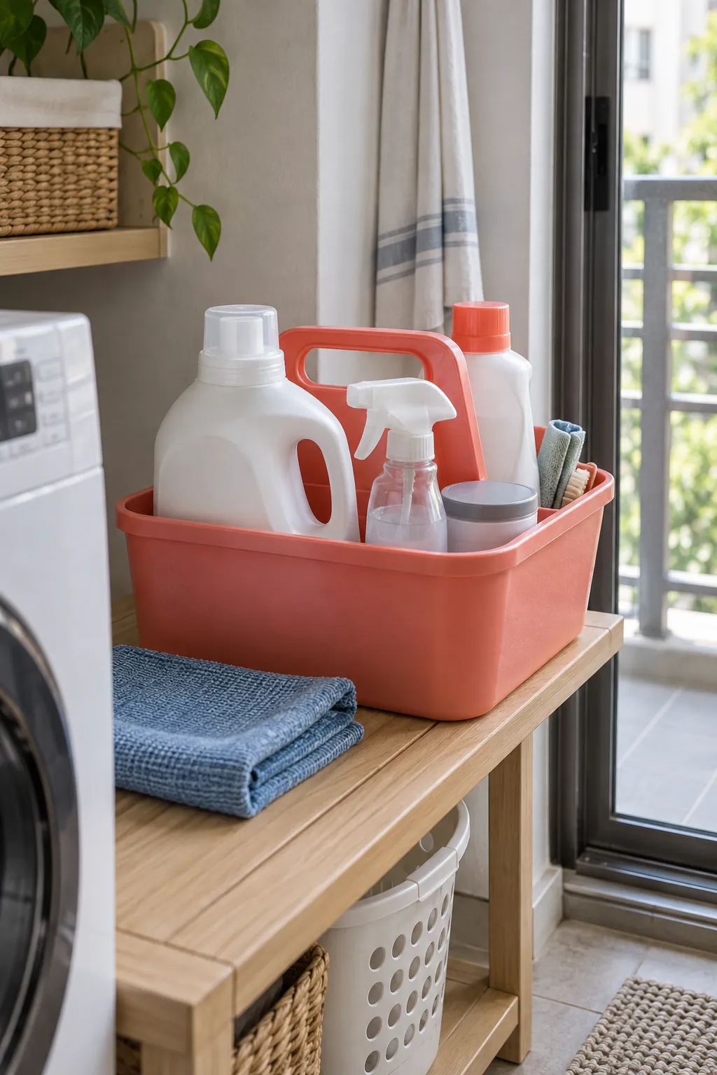 A washable caddy for the current wash in a compact laundry room