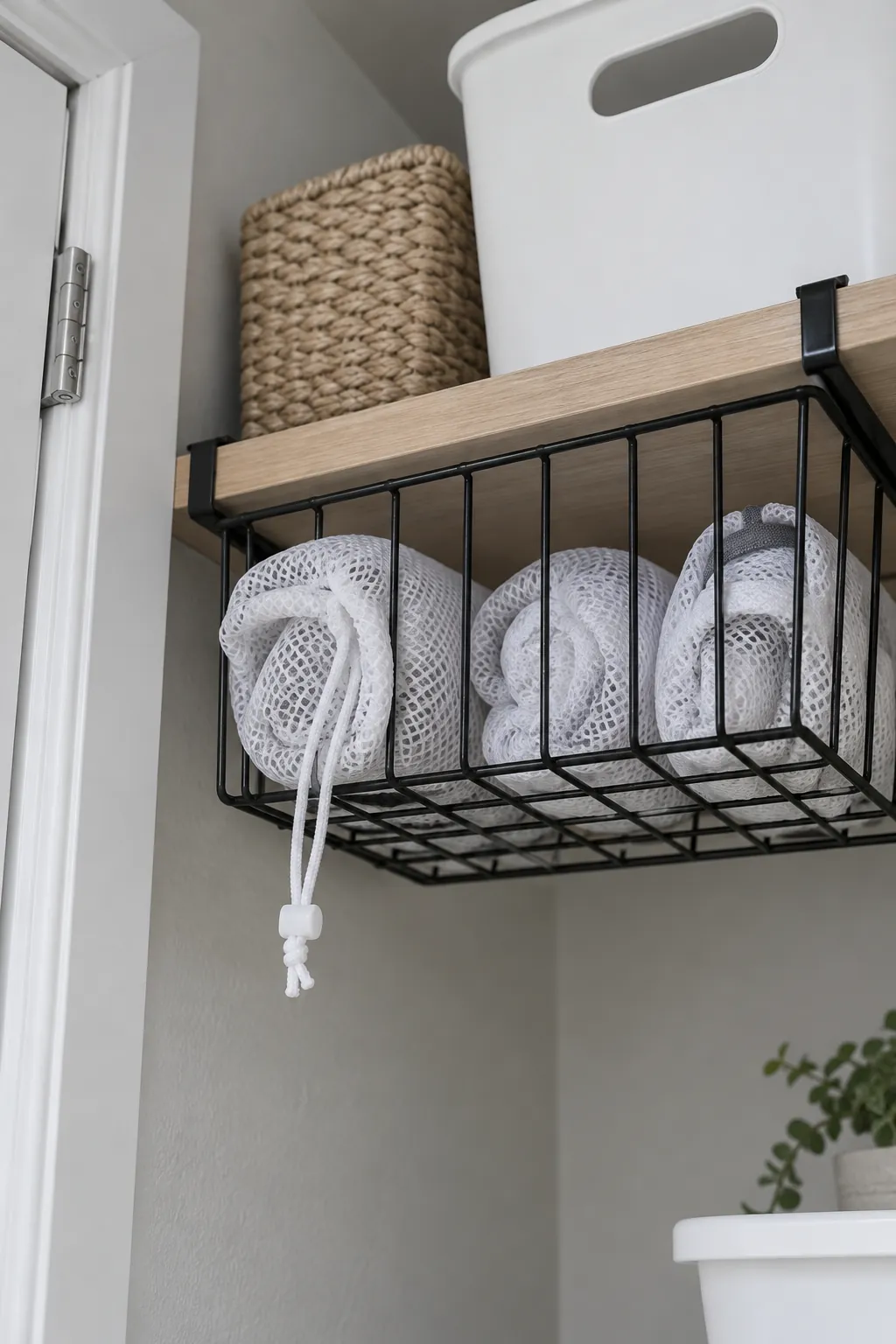 A basket under an existing shelf in a compact laundry room