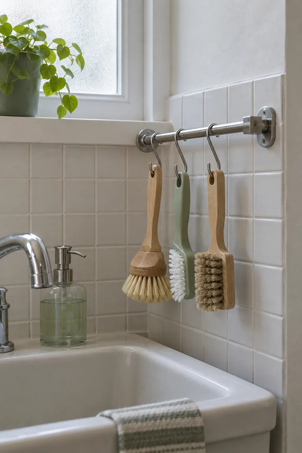 A fixed rail for light brushes in a compact laundry room