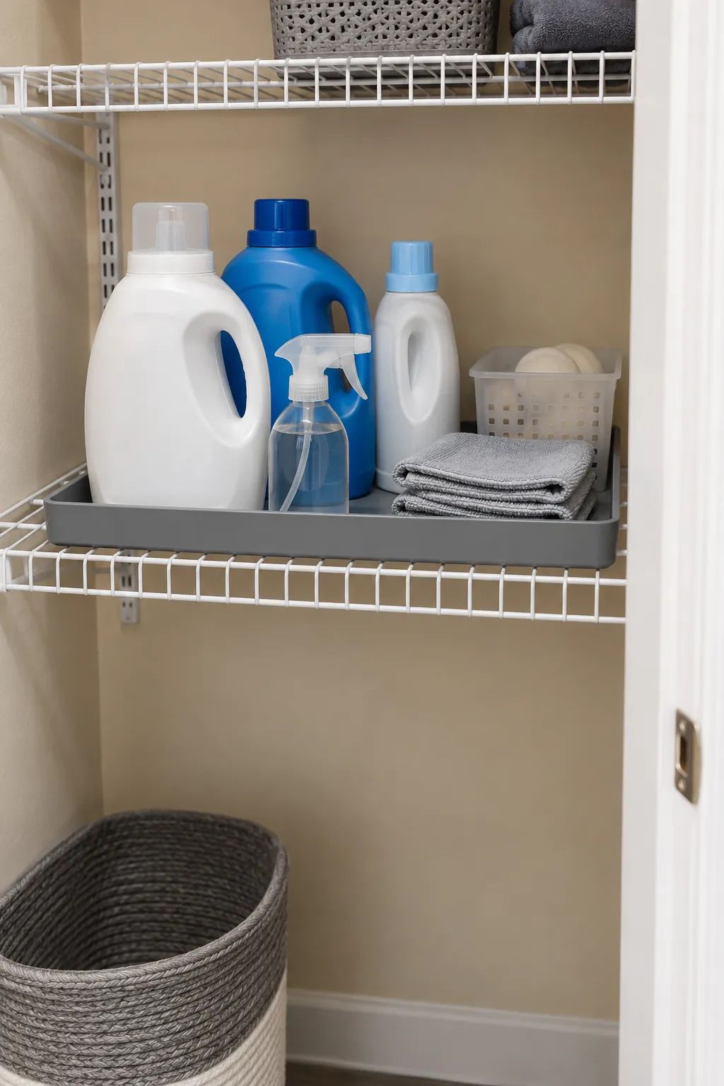 A solid tray on a wire shelf in a compact laundry room