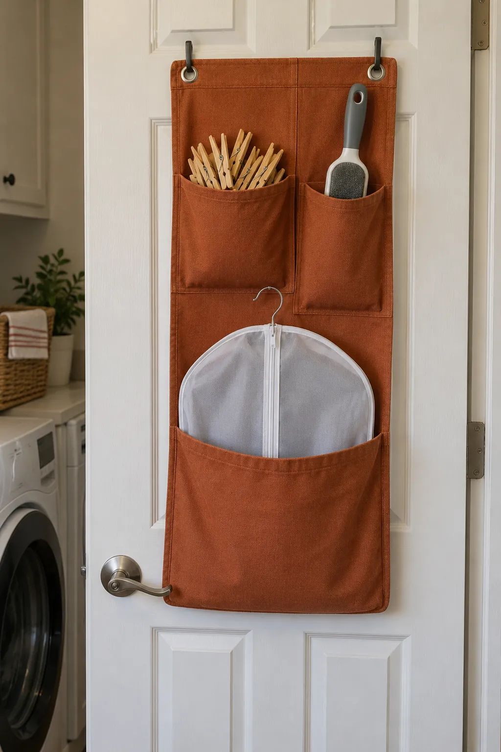 A door organizer for empty accessories in a compact laundry room
