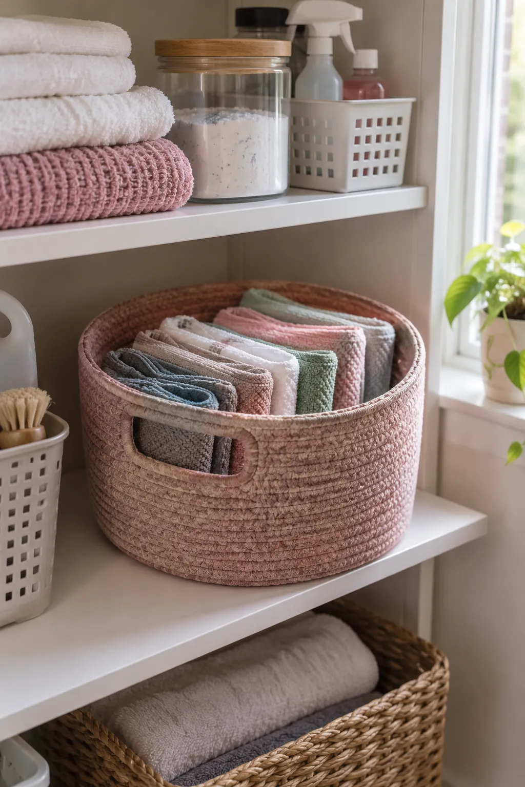 A basket for clean cleaning cloths in a compact laundry room