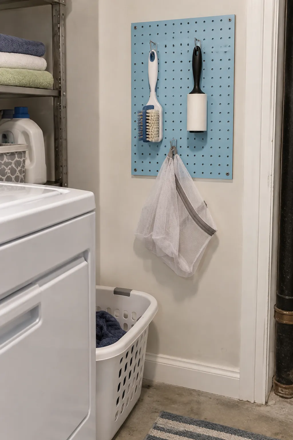 A pegboard for awkward shaped tools in a compact laundry room