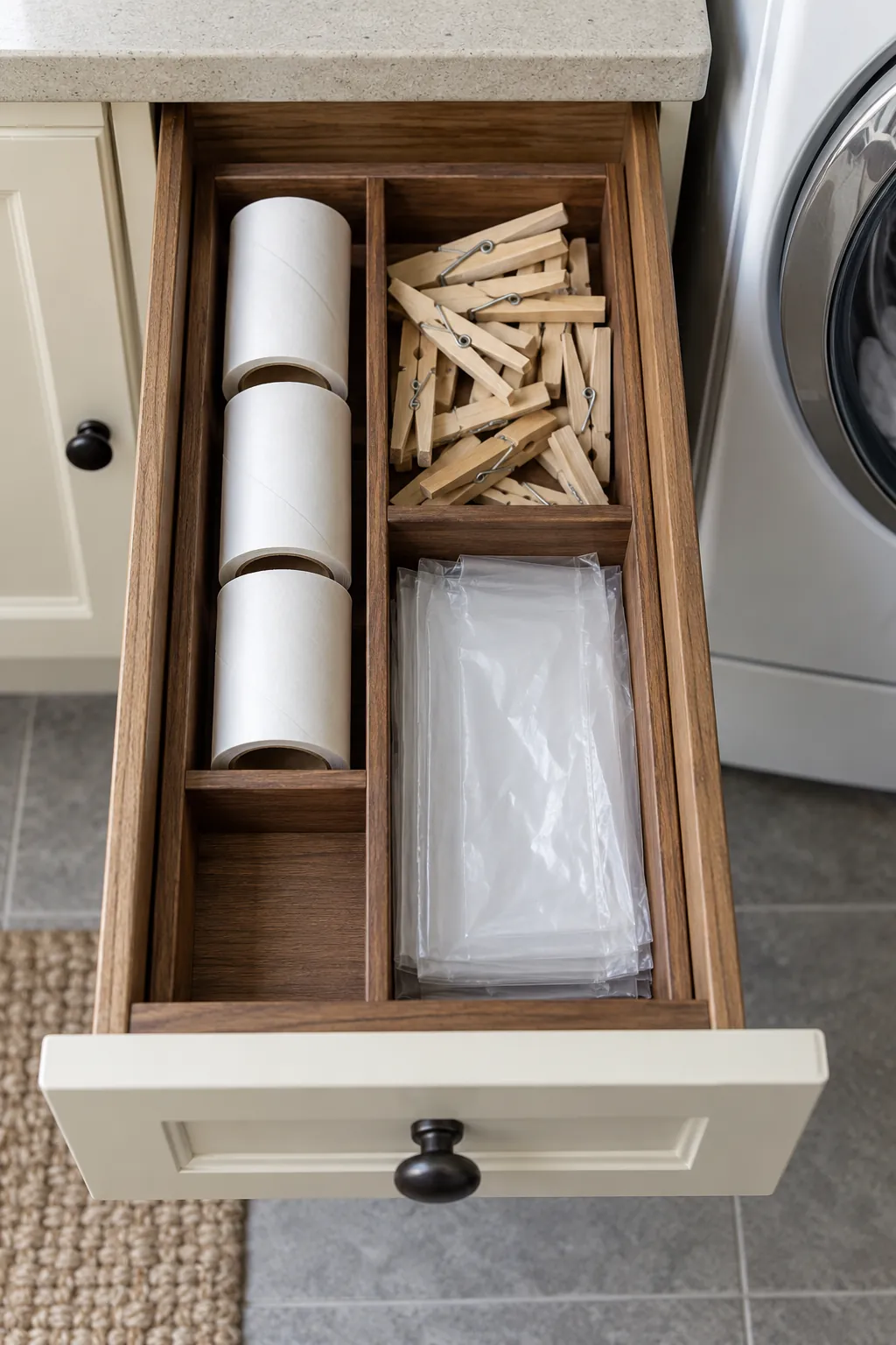 A drawer divider for small wash accessories in a compact laundry room
