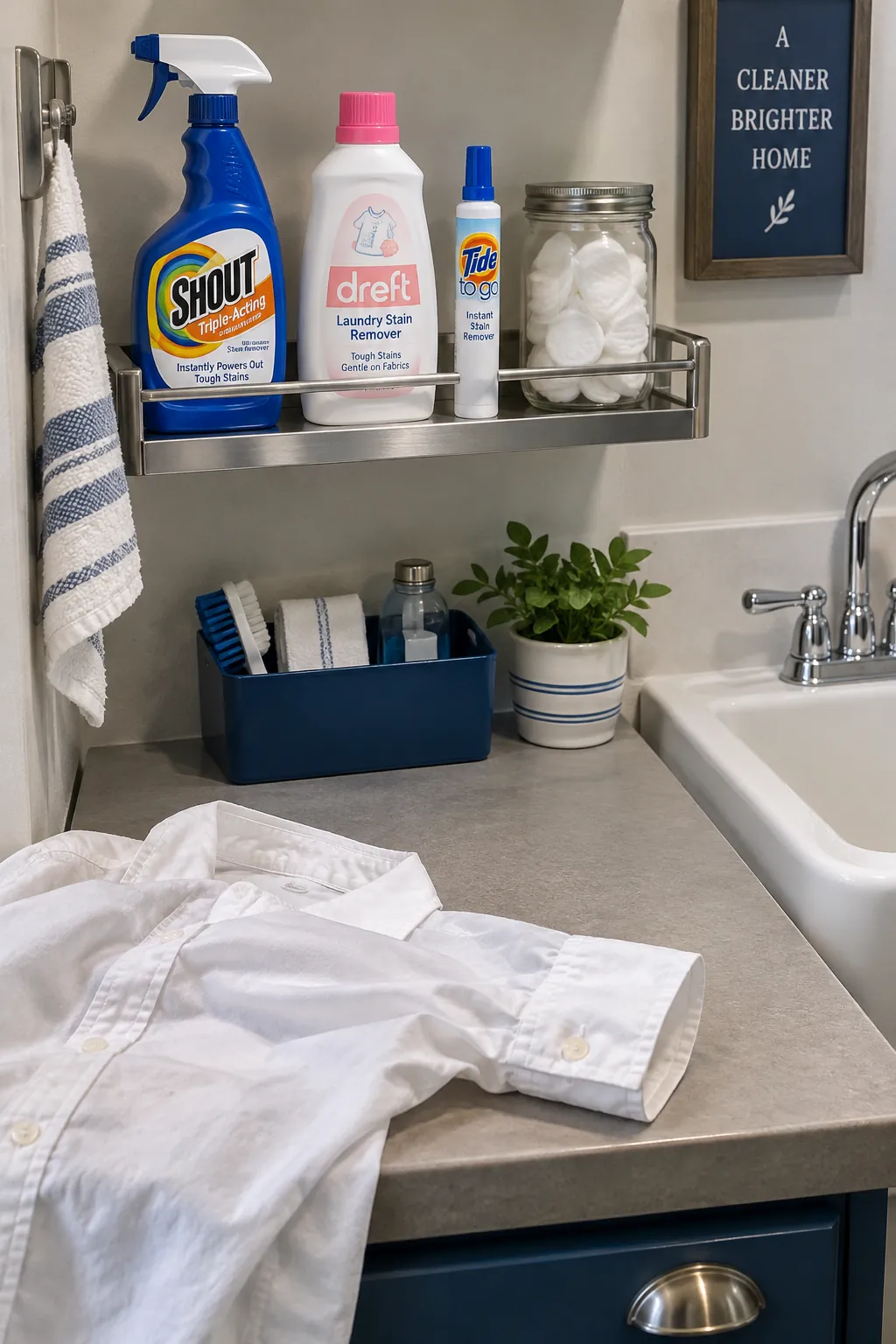 A stain treatment shelf at working height in a compact laundry room