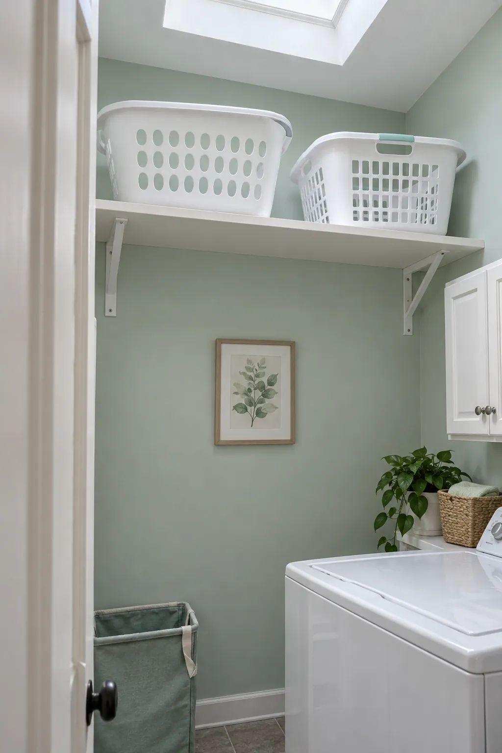 A high shelf for lightweight spare baskets in a compact laundry room