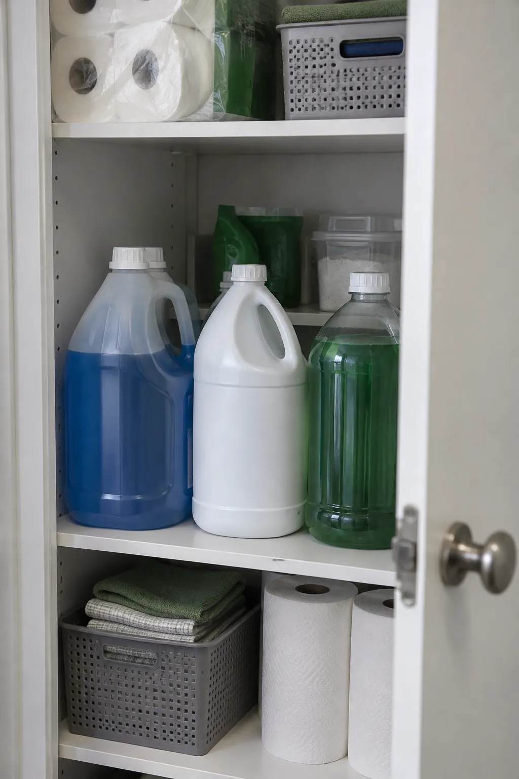 A separate cupboard for bulk refills in a compact laundry room