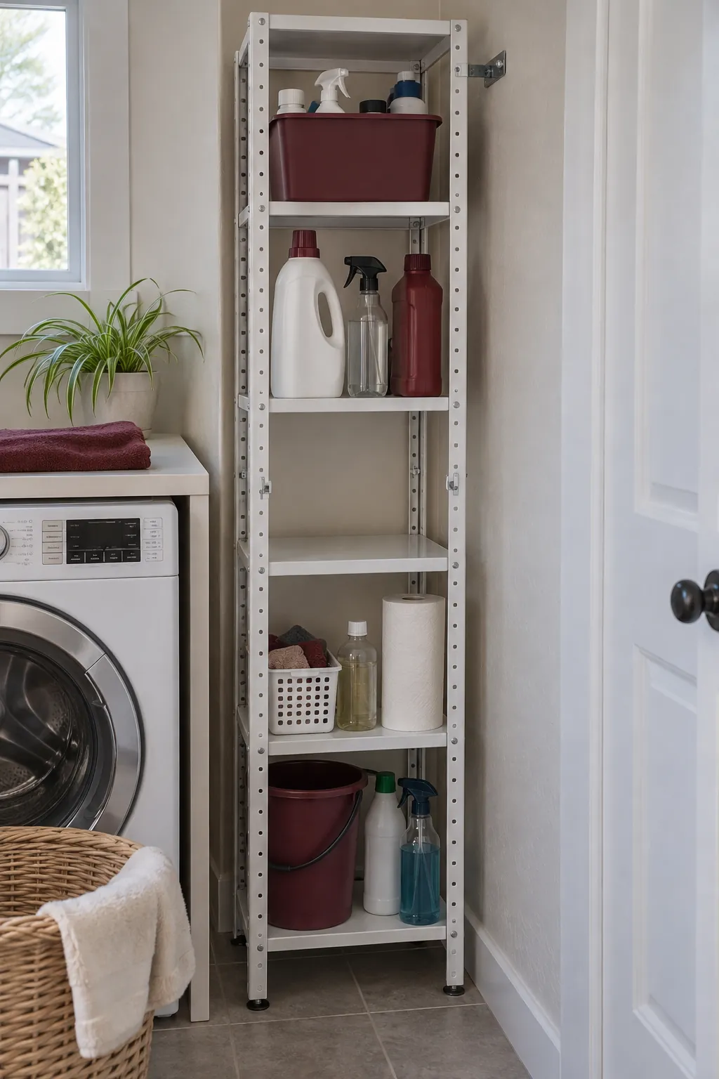 A side tower with adjustable shelves in a compact laundry room