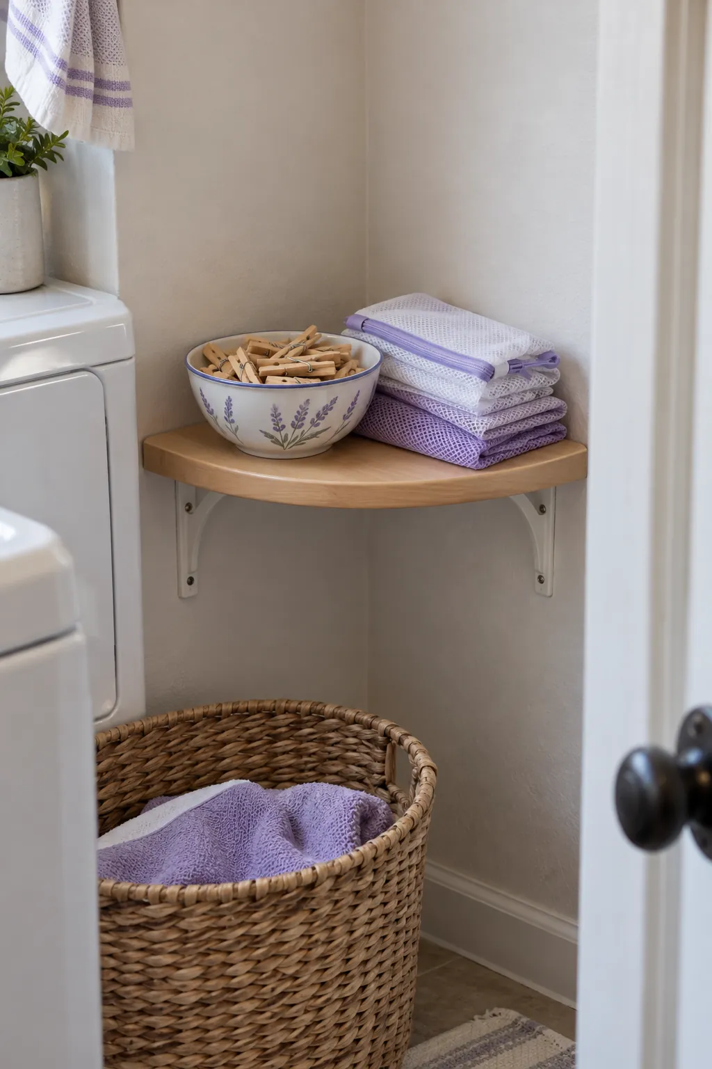 A corner shelf for dry accessories in a compact laundry room