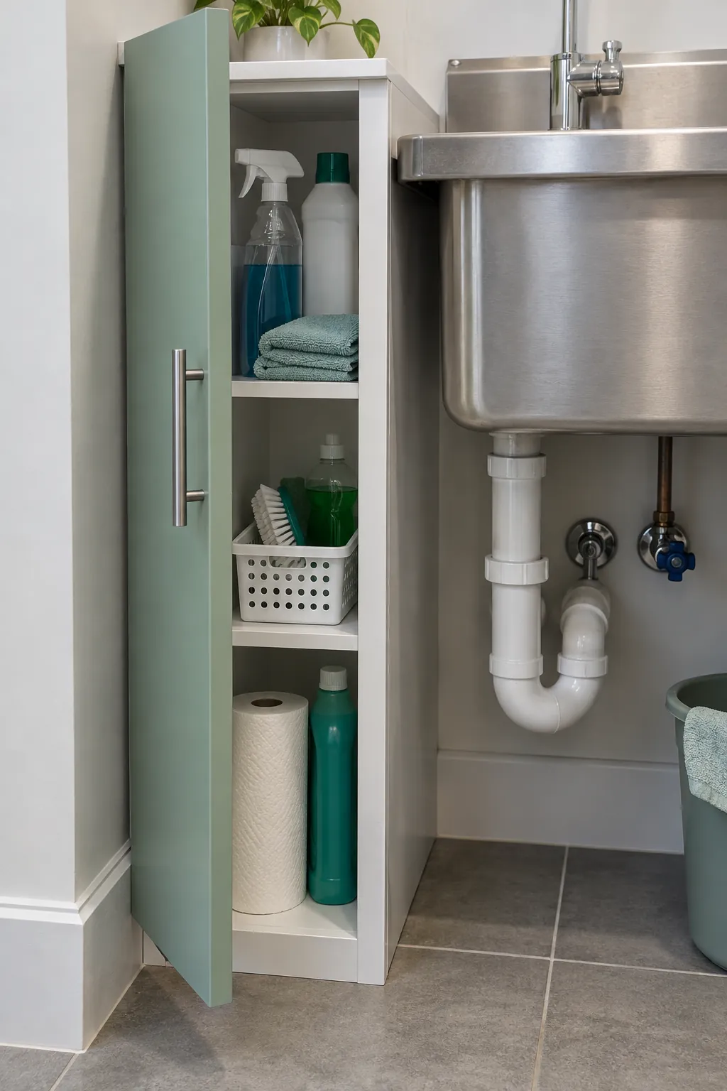 A narrow cupboard beside the sink in a compact laundry room
