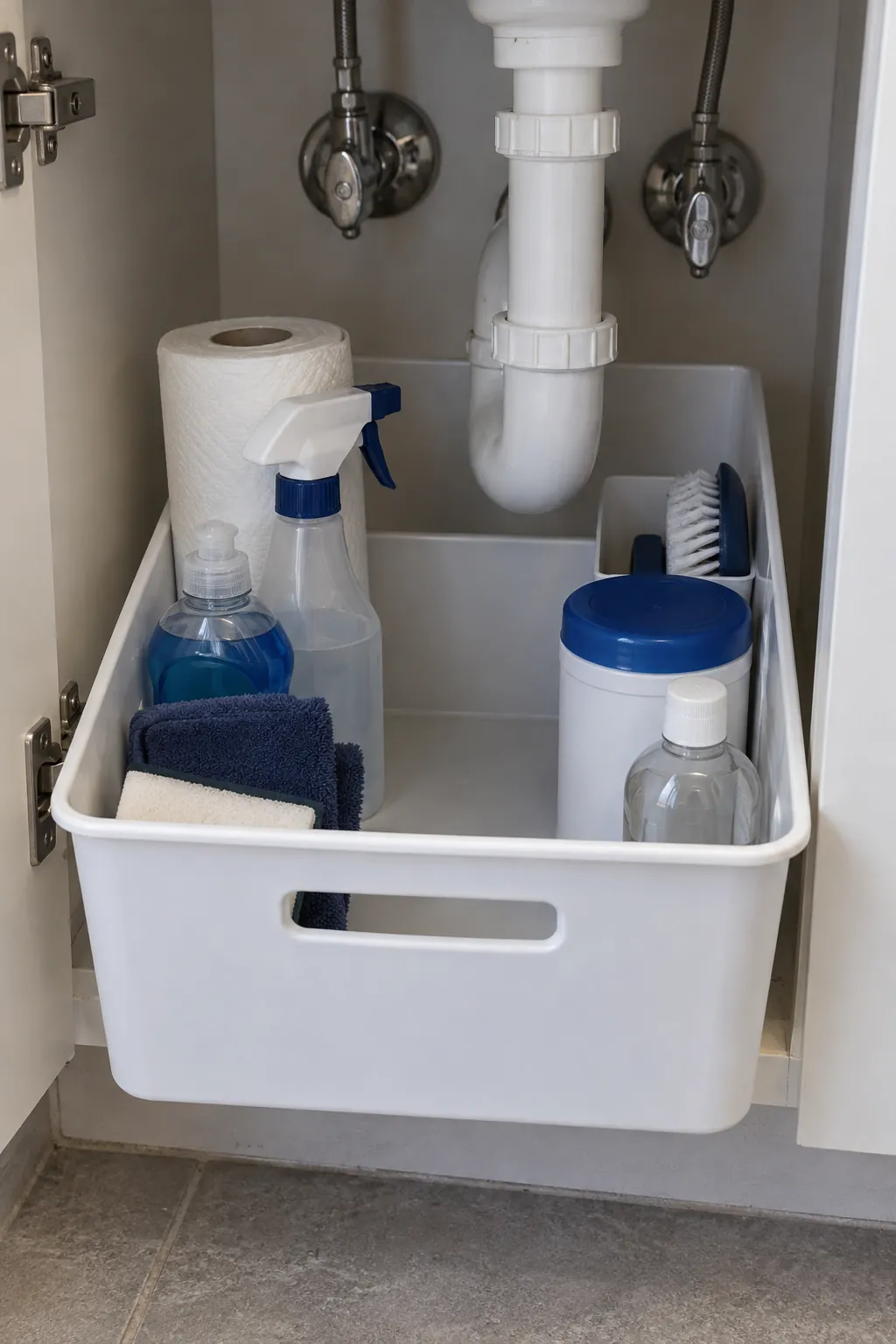 A removable tub beneath the sink in a compact laundry room