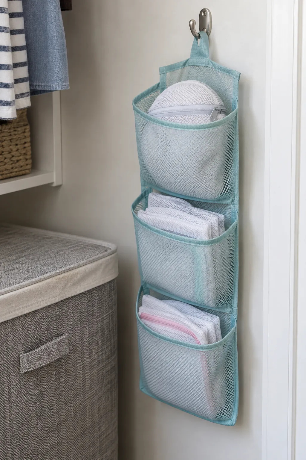 A ventilated pocket for dry mesh bags in a compact laundry room