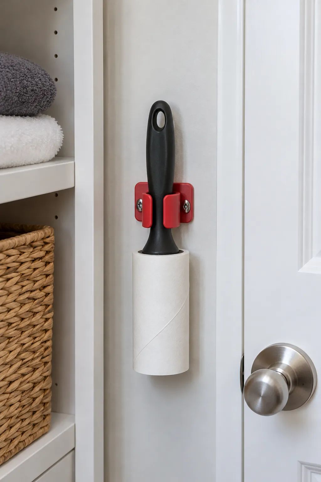A wall clip for the lint roller in a compact laundry room