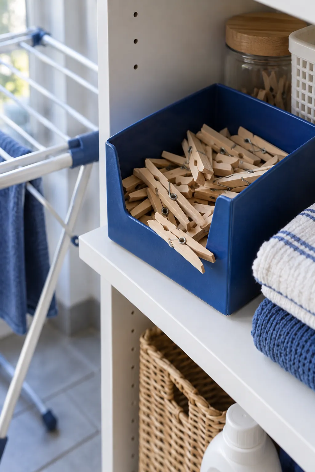 A dispenser box for clothespins in a compact laundry room
