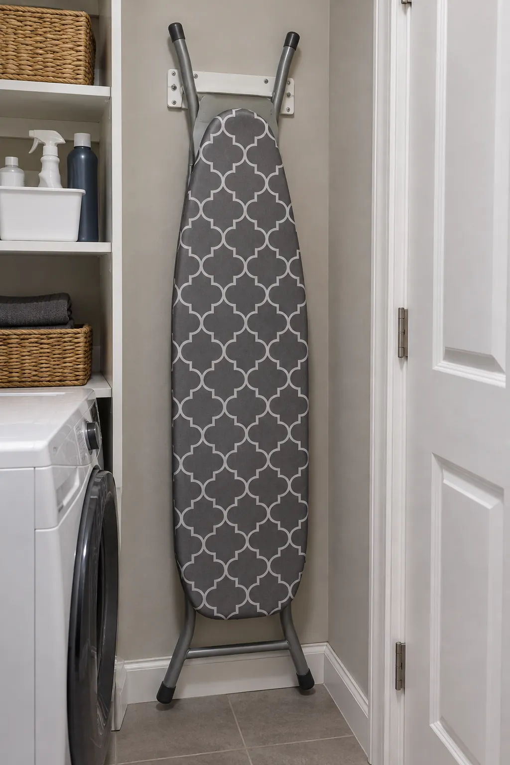 A hanging sleeve for an ironing board in a compact laundry room