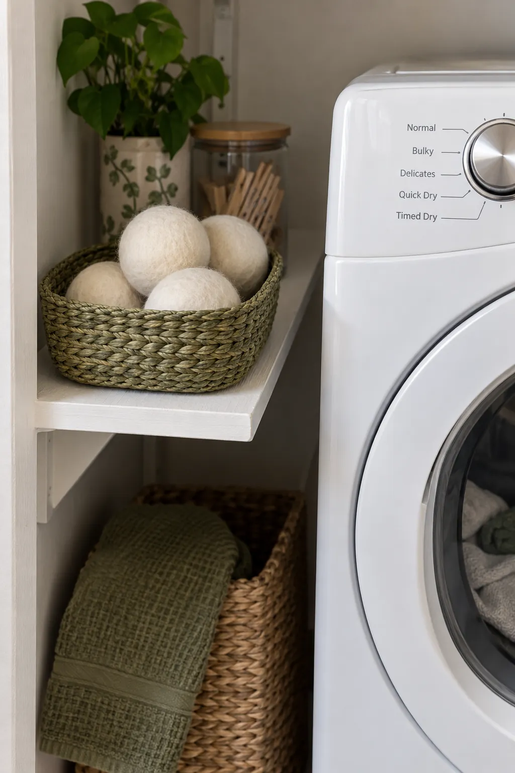 A small shelf near the dryer for dry accessories in a compact laundry room