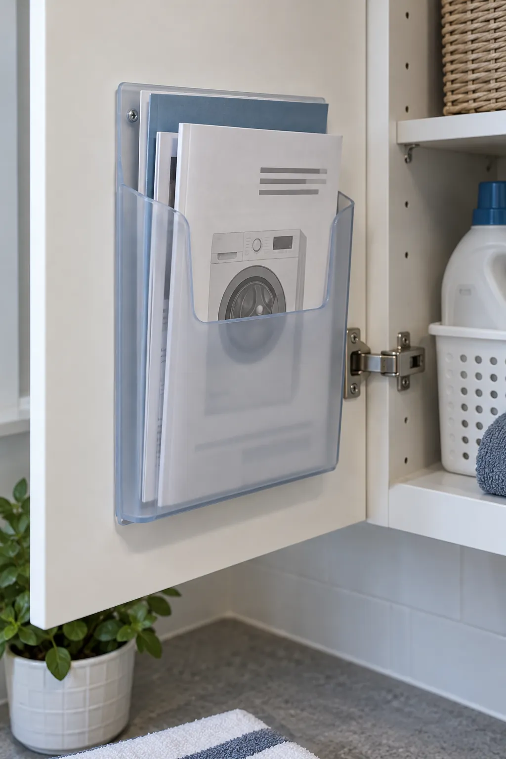 A cabinet door pocket for instruction cards in a compact laundry room