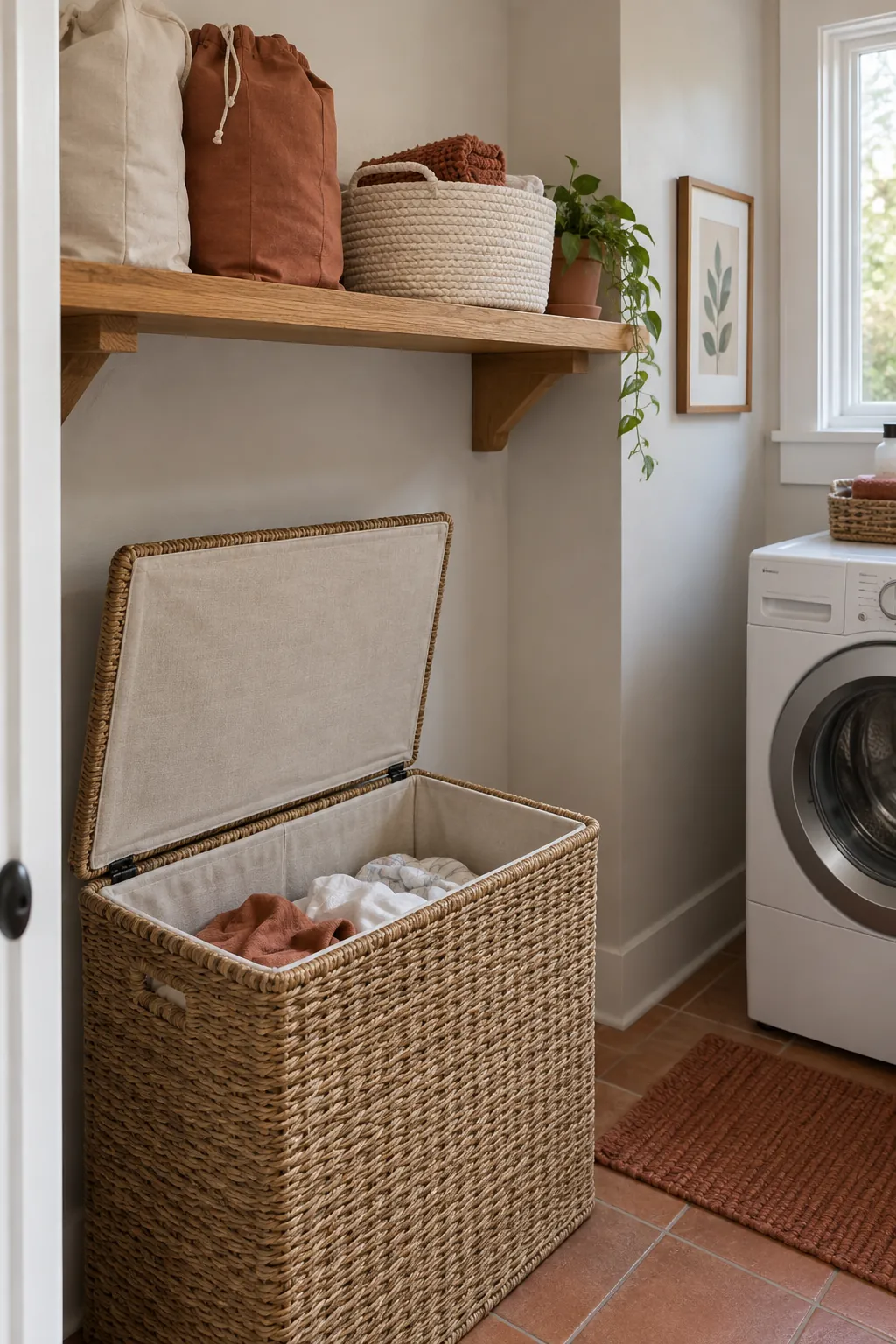 A shelf over the hamper instead of the washer in a compact laundry room