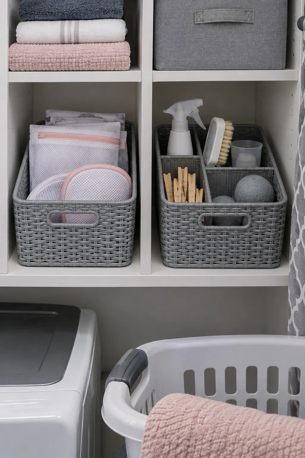 A divided basket for each household routine in a compact laundry room