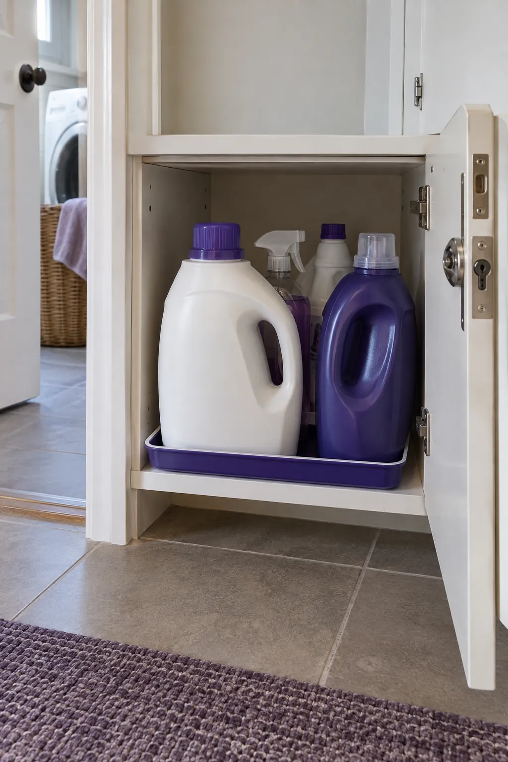 A low shelf for heavier bottles in a compact laundry room