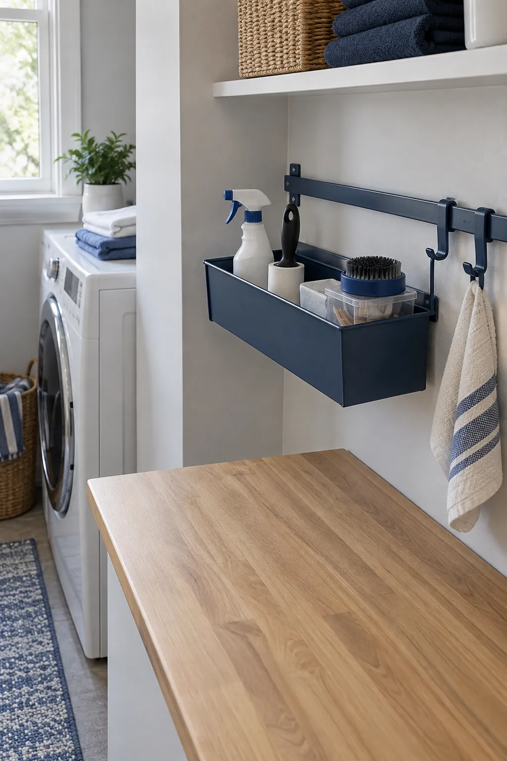 A rail basket beside the folding area in a compact laundry room