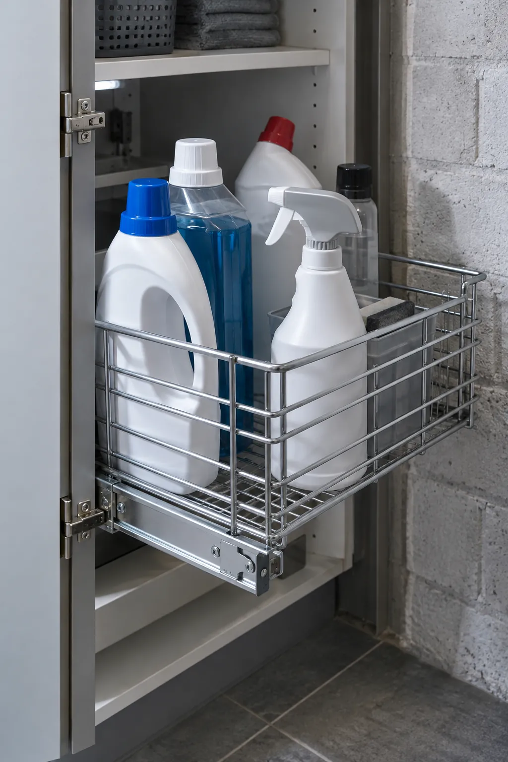 A sliding basket inside a cupboard in a compact laundry room