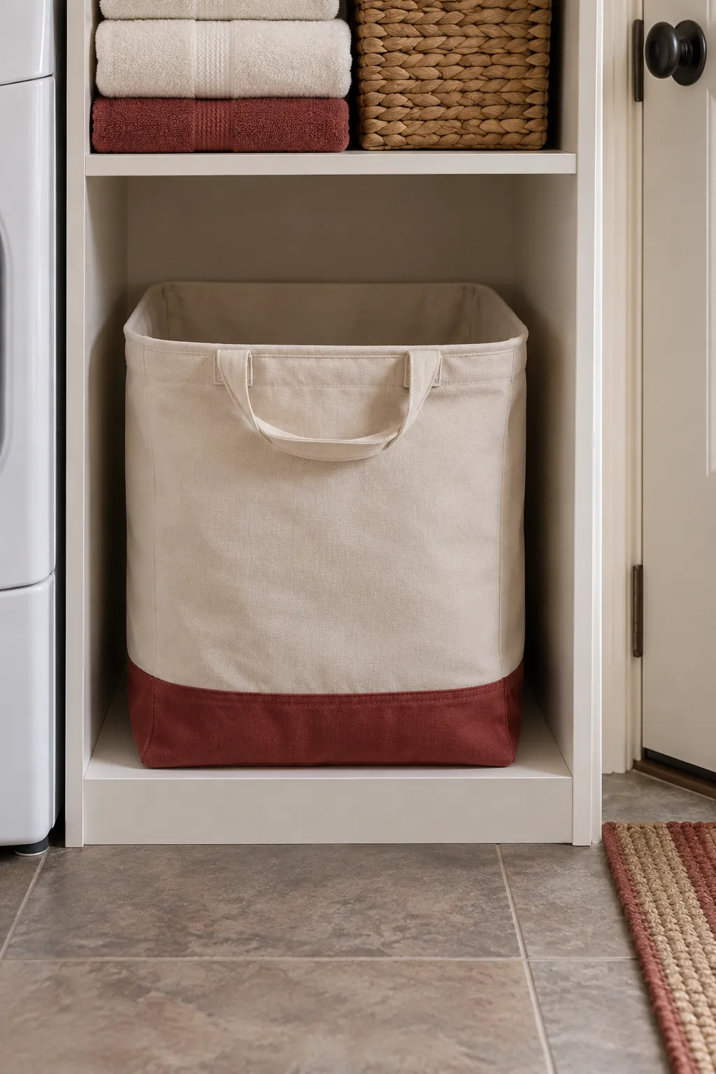 An open cubby for an empty laundry tote in a compact laundry room