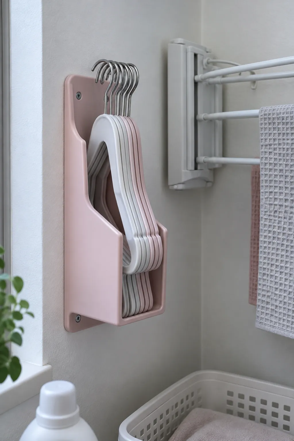 A sealed bag holder for spare hangers in a compact laundry room