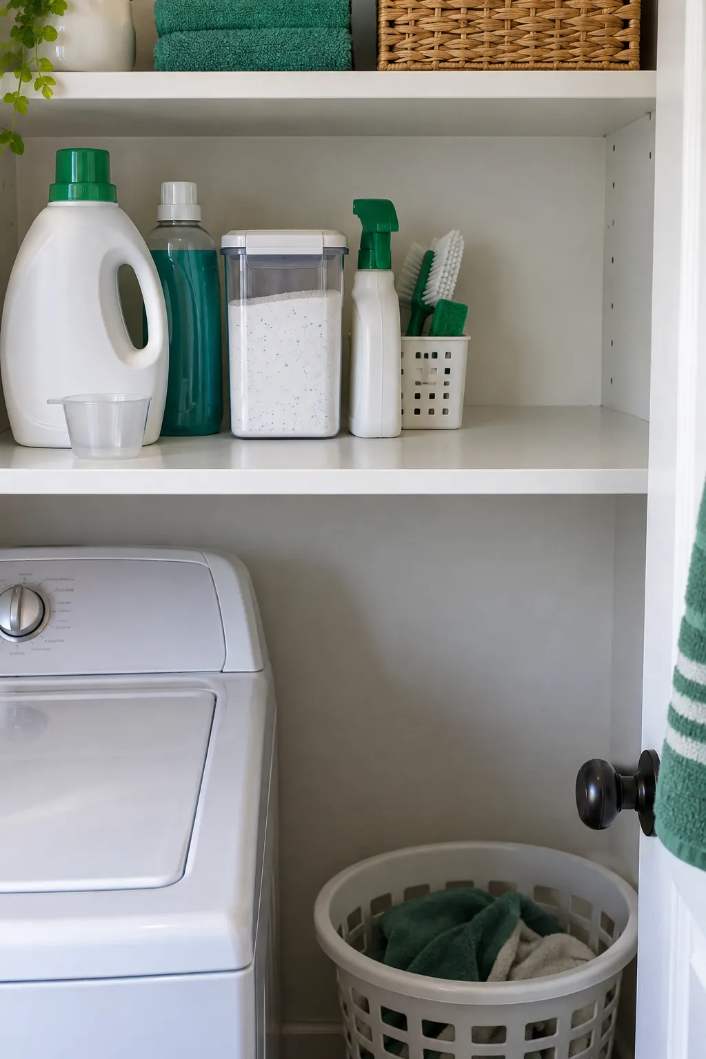 A single daily supply zone with room to return things in a compact laundry room