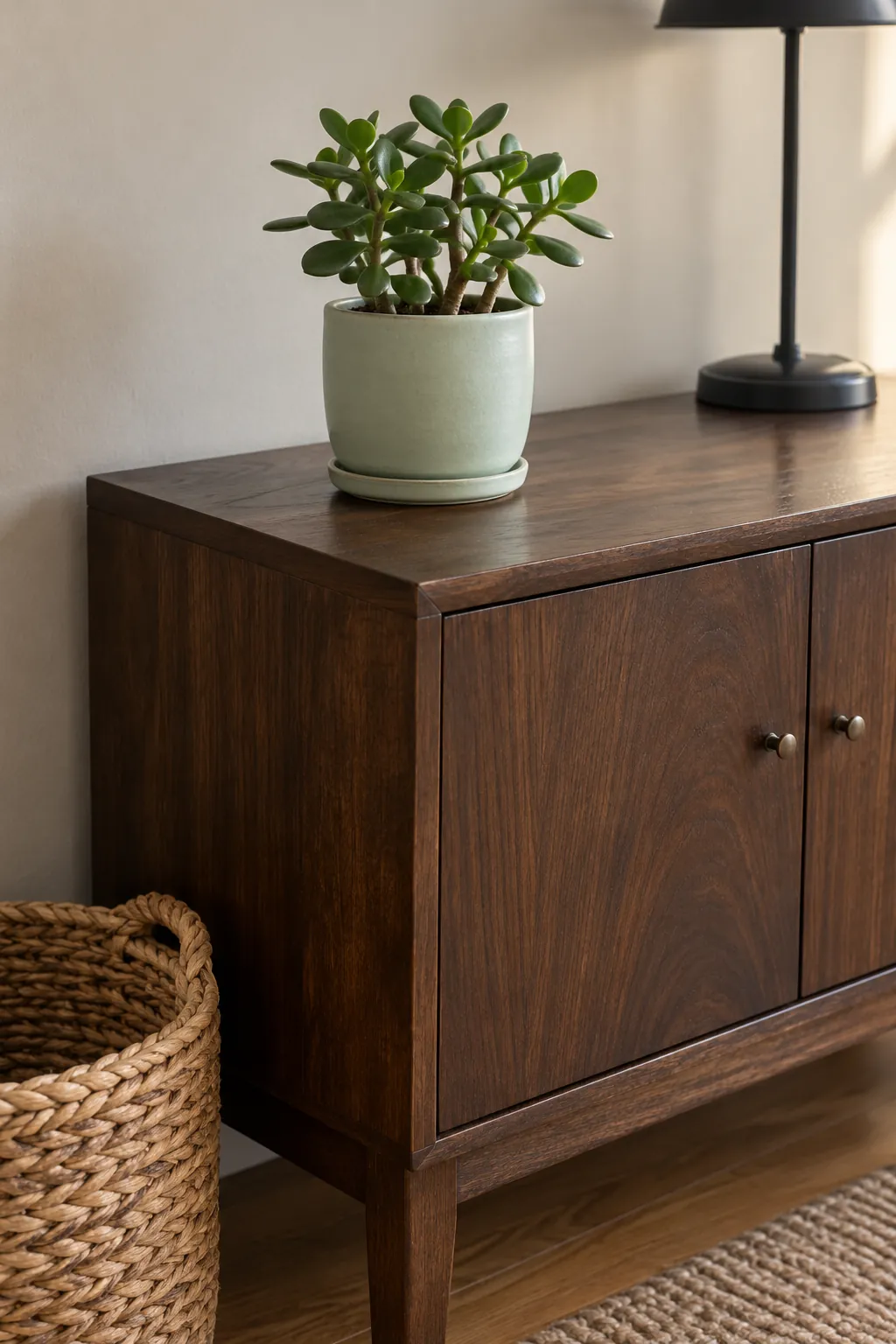 Mint ceramic pot on a dark walnut surface