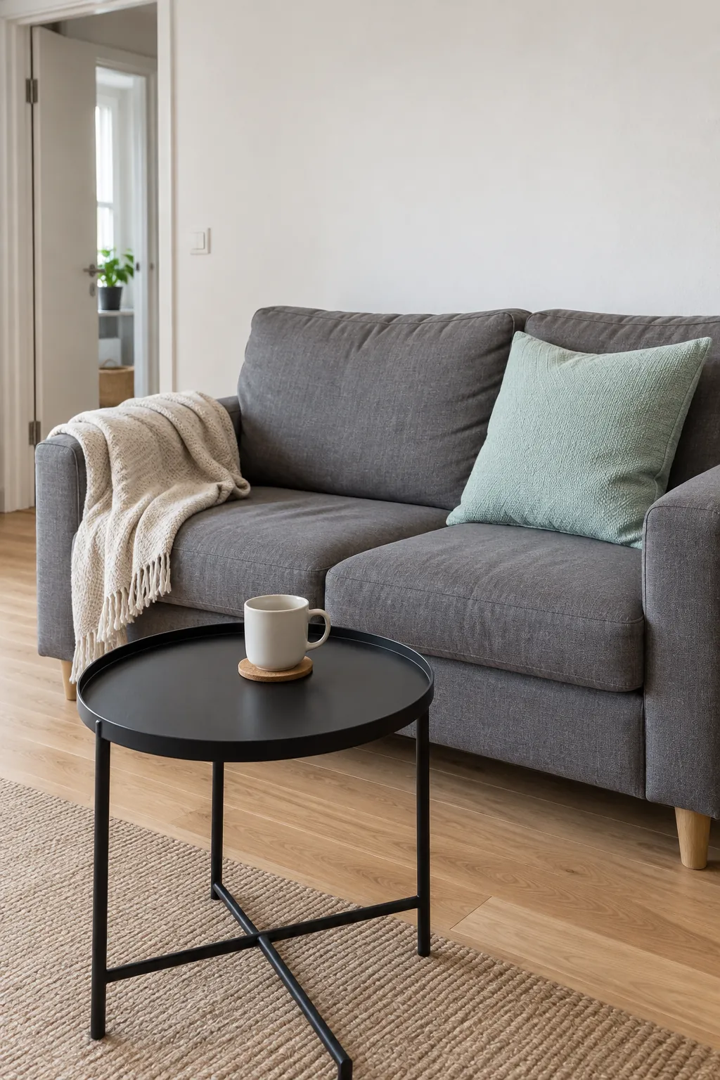 Mint cushion as a useful accent on a gray sofa