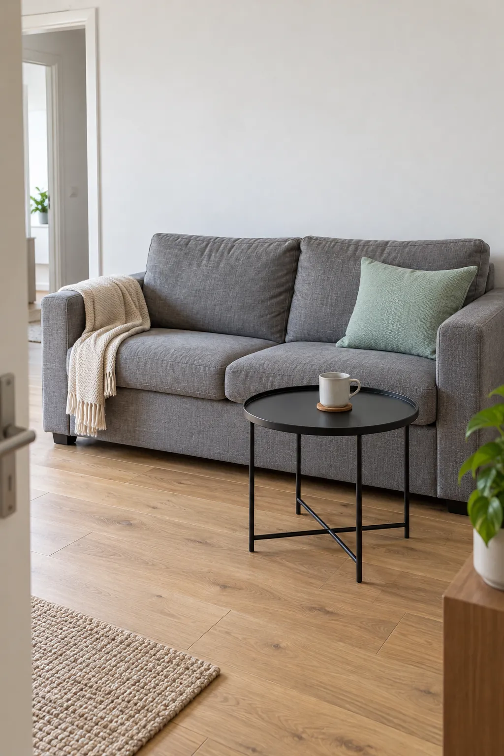 Woven mint cushion on a gray living room sofa