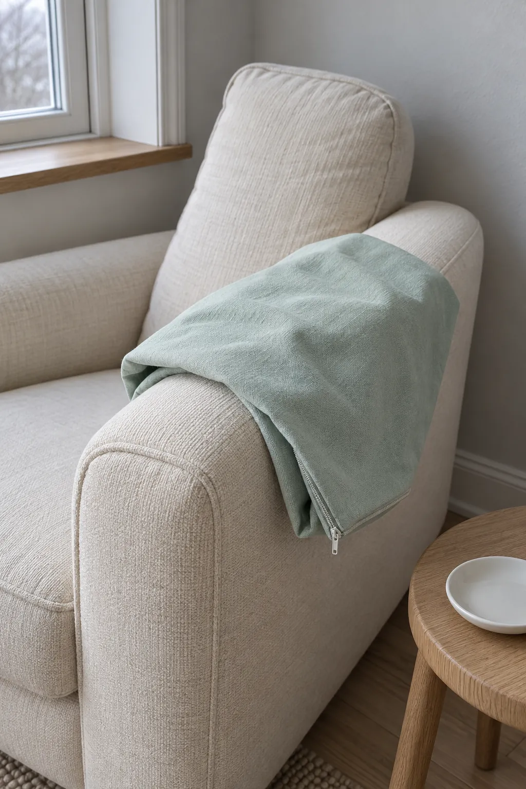 Mint fabric sample beside cream upholstery