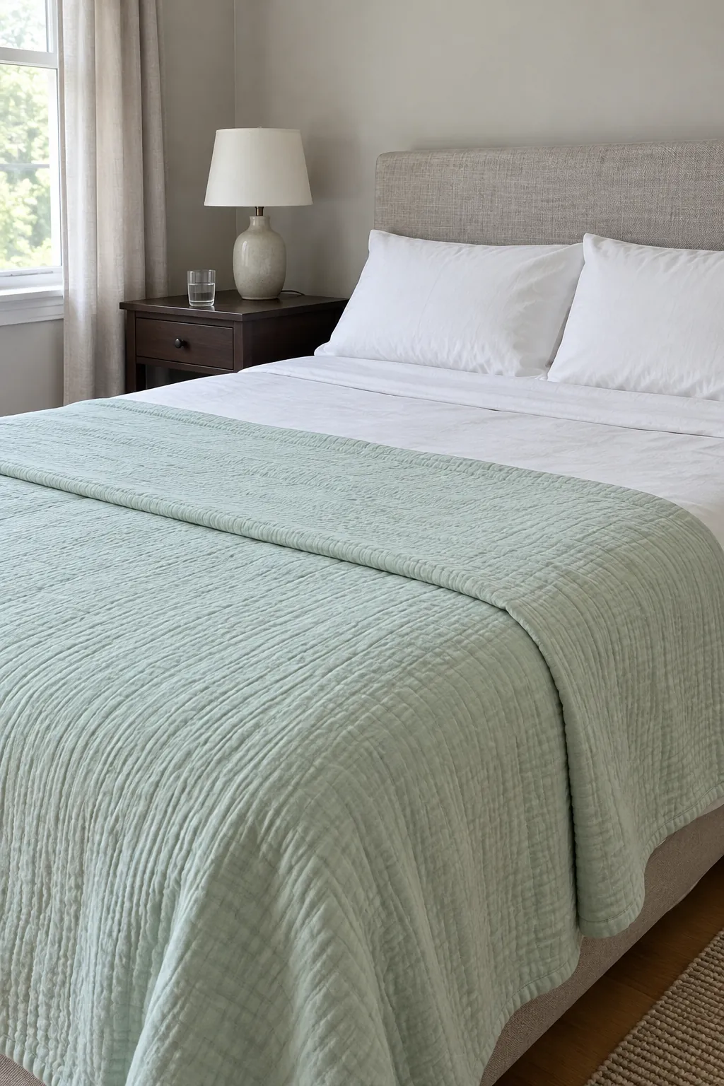 Mint coverlet on white bedding with a dark bedside table