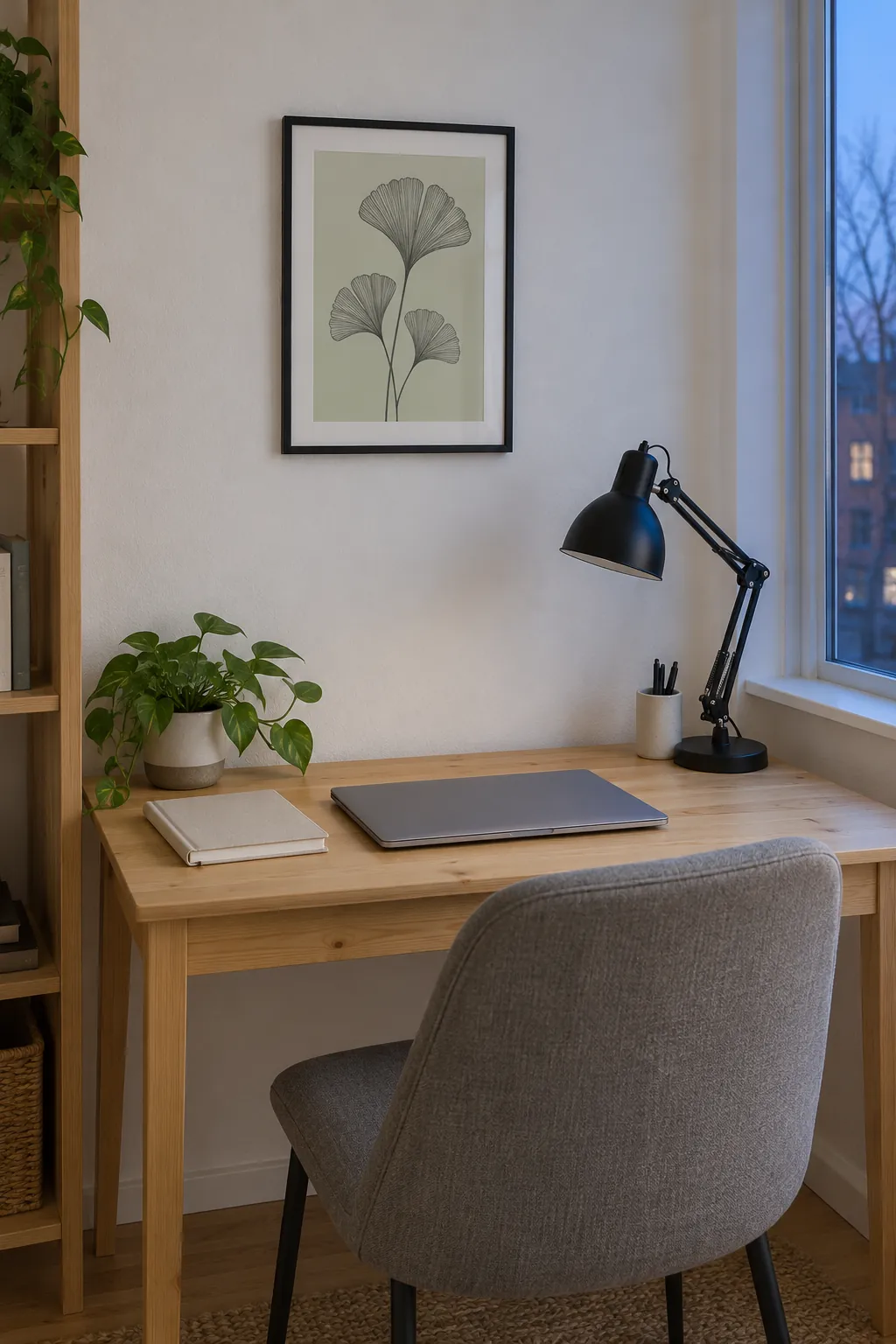 Mint botanical line print above a rental home desk