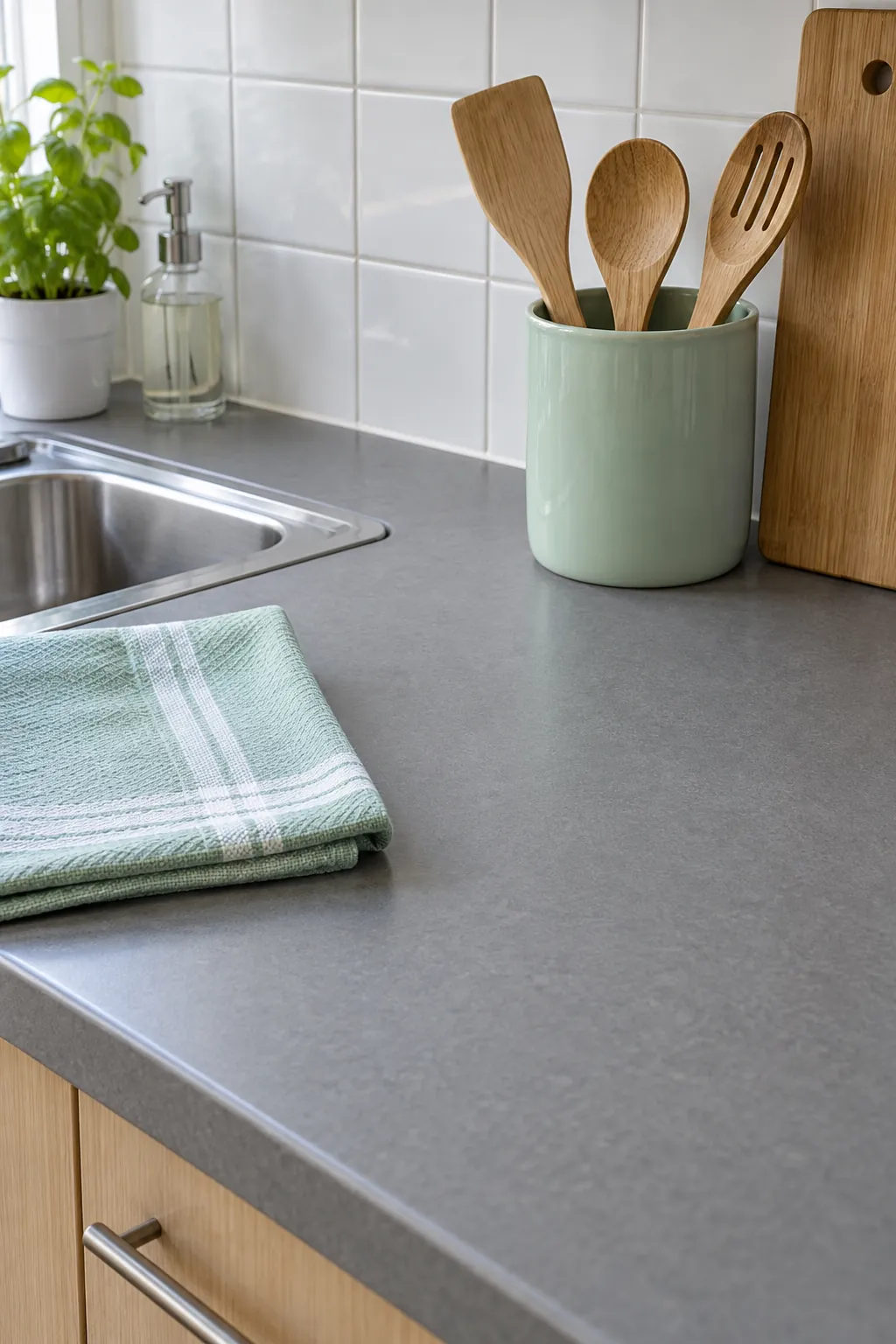 Mint utensil crock and tea towel in a working kitchen