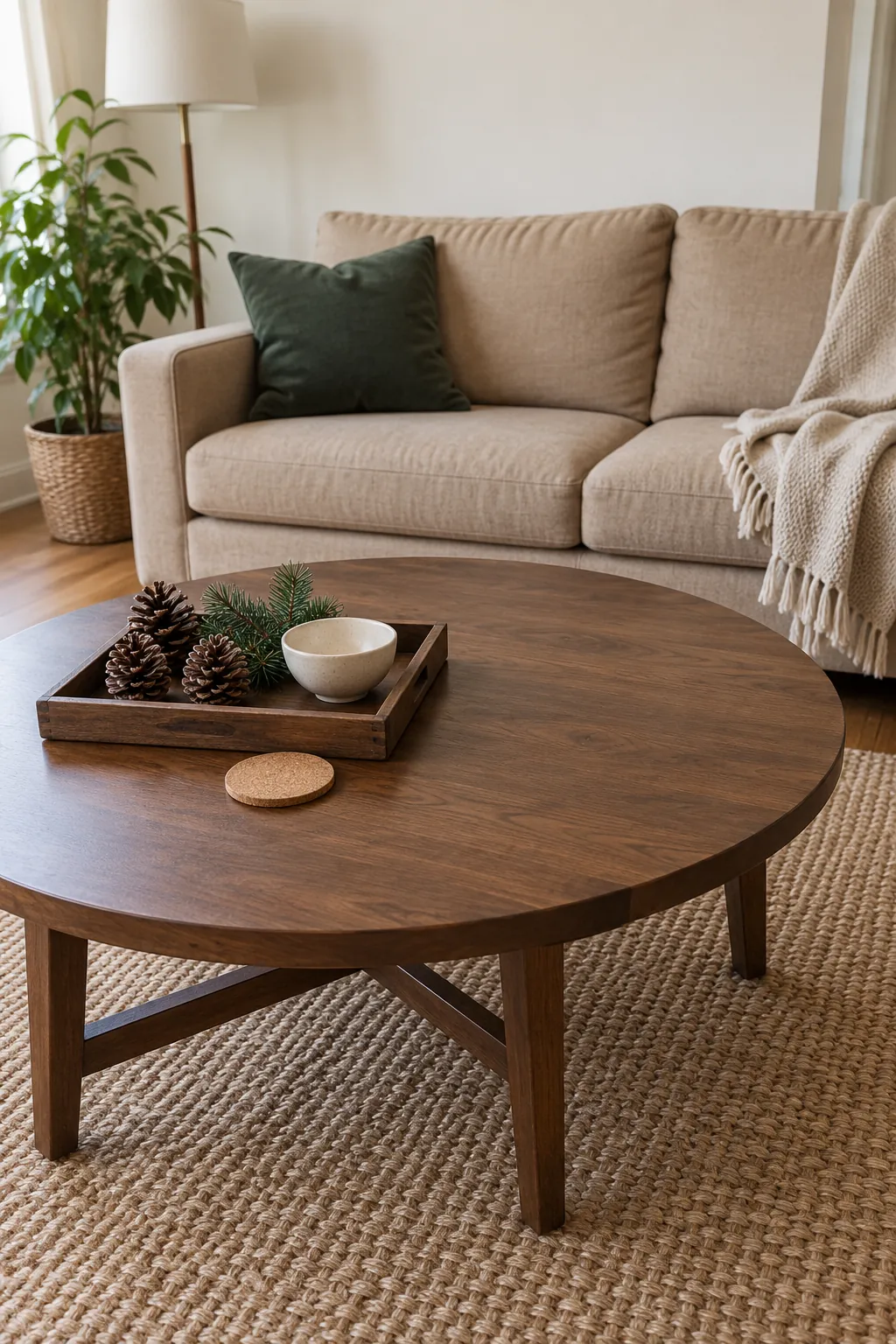 Contained Christmas tray with pinecones and evergreen on a usable walnut coffee table