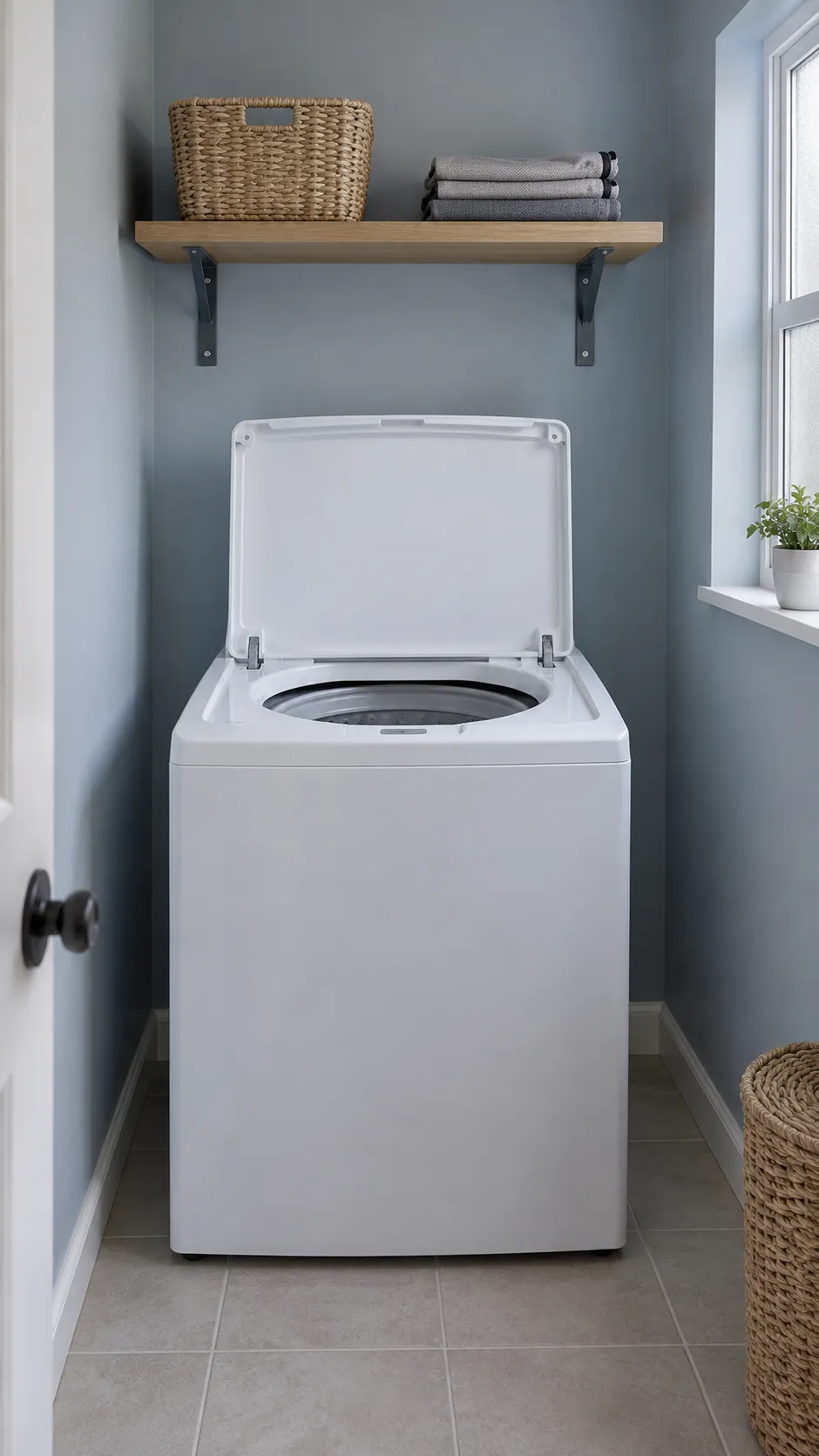 Open top loading washer lid with a clear gap beneath a high wall shelf
