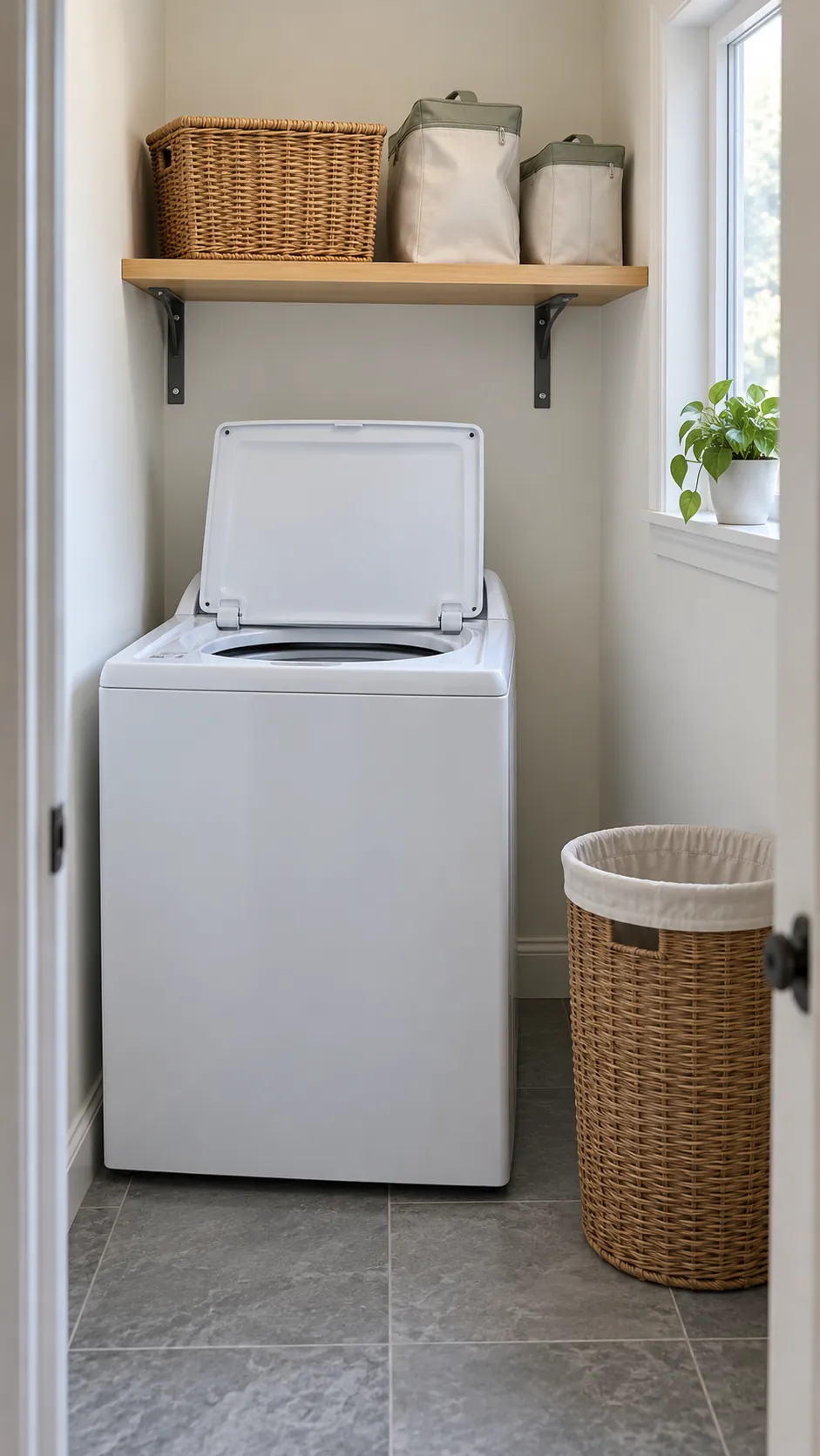 Test the footprint before making the installation permanent for shelving above a top loading washer